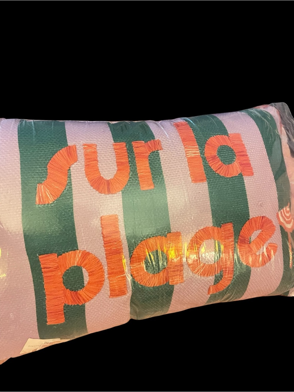 Anthropologie pink and green 'sur la plage' embroidered pillow